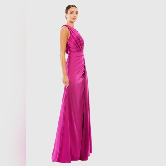 Ieena for Mac Duggal, Gathered One Shoulder Satin Faux Wrap Gown,Berry, 4 -NEW! - Picture 5 of 12